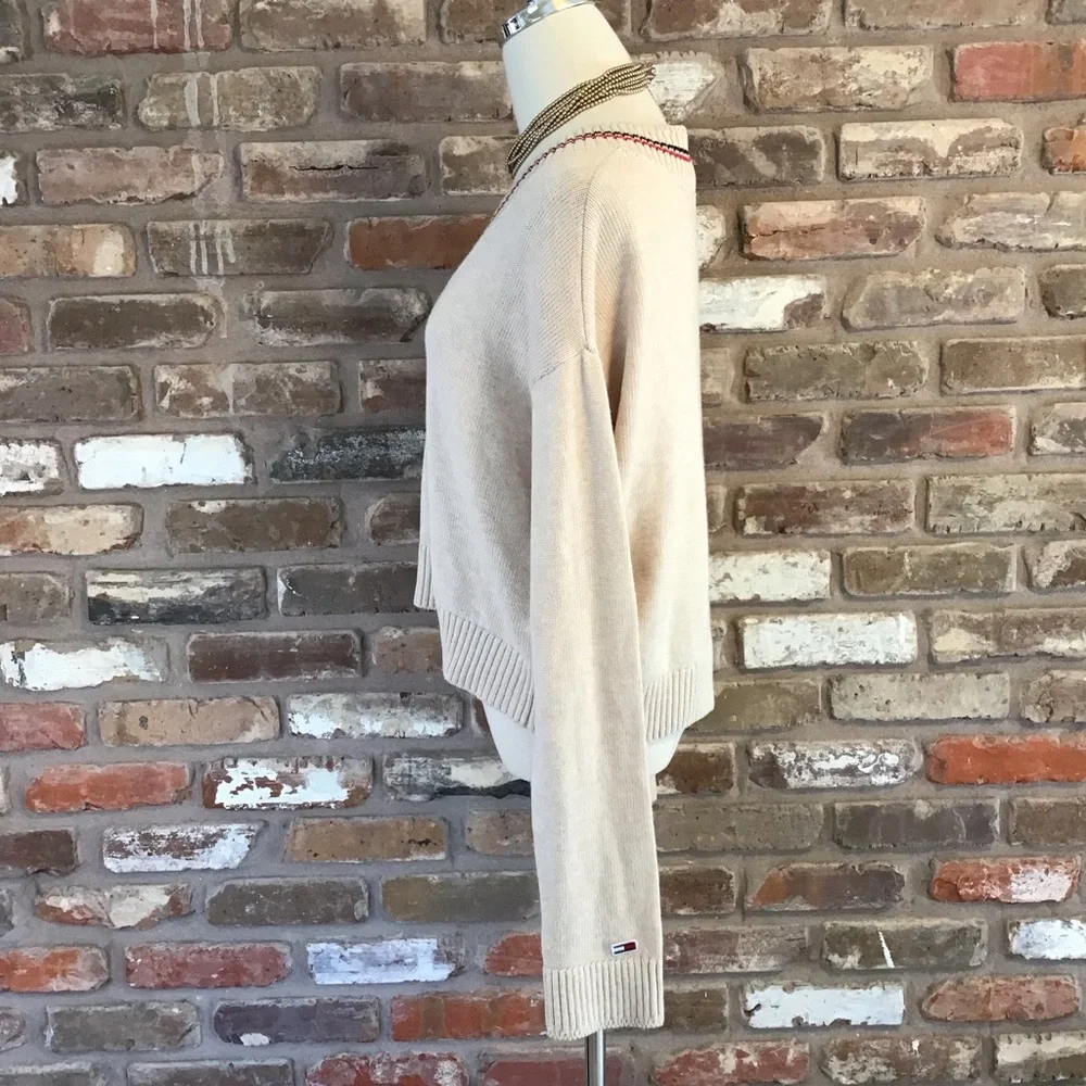 Tommy Hilfiger TOMMY JEANS Beige V-Neck Sweater Red & Black Striped Neckline M